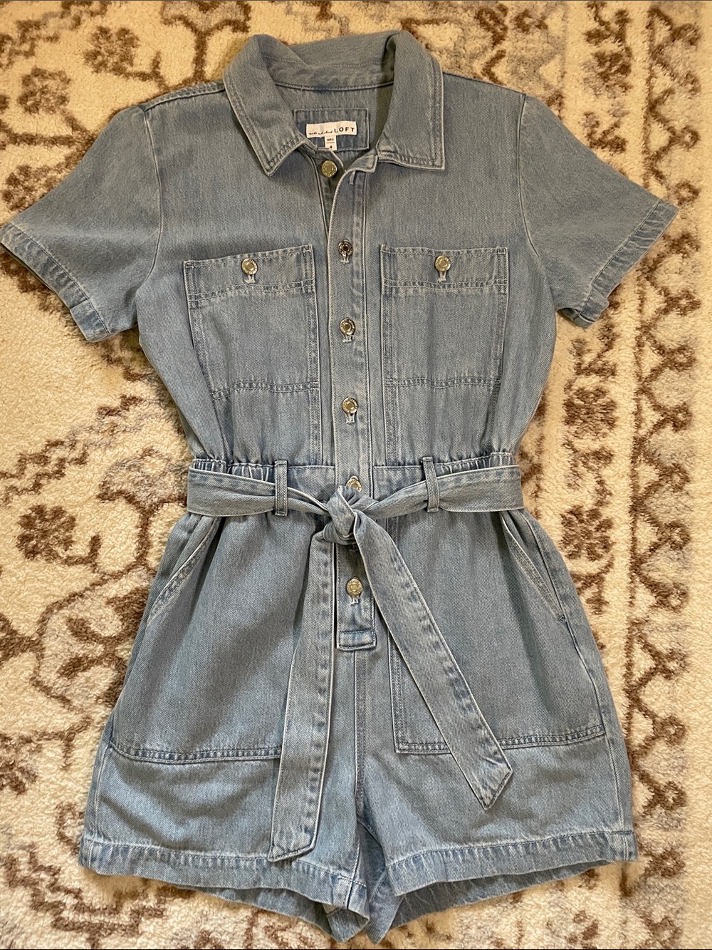 LOFT Light Wash Denim Short-Sleeve Romper with Tie Belt